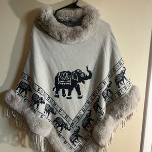 Tan Elephant Pattern Poncho with Faux Fur Trim